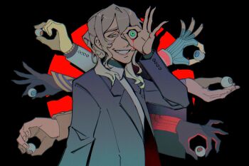 Rule 34 | 1boy, ai the somnium files, aqua eyes, black background, black jacket, blonde hair, blue eyes, blue gloves, commentary, crocrubies, eyeball, fingerless gloves, gloves, grey eyes, grin, hand up, highres, jacket, lapels, long sleeves, medium hair, notched lapels, ok sign, ok sign over eye, sejima saito, sidelocks, simple background, smile, solo, sweater, untranslatable commentary, upper body, white jacket, white sweater
