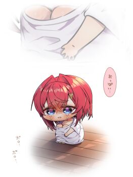 1girl ange_katrina blue_eyes blush chibi chibi_only collarbone commentary_request crossed_bangs hair_between_eyes hair_intakes hair_ornament harumina_mau highres hugging_own_legs knee_boobs medium_hair nijisanji open_mouth oversized_clothes oversized_shirt red_hair shirt solo speech_bubble tears translated triangle_hair_ornament virtual_youtuber white_shirt wooden_floor