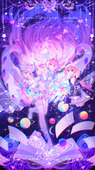 2girls absurdres bare_shoulders book breasts chinese_commentary coat commentary_request cyrene_(aedes_elysiae)_(honkai:_star_rail) cyrene_(honkai:_star_rail) cyrene_(ripples_of_past_reverie)_(honkai:_star_rail) dress dual_persona hair_ornament heart high_heels highres honkai:_star_rail honkai_(series) jewelry large_breasts long_hair mem_(honkai:_star_rail) multicolored_hair multiple_girls necklace open_book pink_hair planet planetary_ring purple_coat purple_eyes short_hair star-shaped_pupils star_(symbol) symbol-shaped_pupils two-tone_hair very_long_hair viclim-monou white_dress white_hair