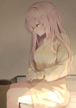 Rule 34 | 1girl, absurdres, blush, breasts, commentary, dress, feet out of frame, film grain, from side, harumi ena, highres, indoors, large breasts, light particles, limelight lemonade jam, long hair, long sleeves, looking ahead, nodoameyatou, on bed, parted lips, pink eyes, pink hair, profile, raised inner eyebrows, sideways mouth, sitting, solo, straight hair, striped clothes, striped sweater, sweater, sweater dress, tsurime, very long hair, yellow sweater
