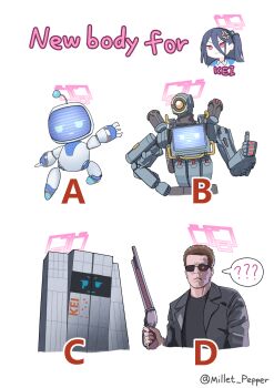 1boy 1girl ? anger_vein apex_legends astro_bot astro_bot_(series) black_hair black_jacket black_shirt blue_archive braille brown_hair closed_mouth commentary_request cropped_torso english_text frown gun hair_between_eyes halo highres holding holding_gun holding_weapon humanoid_robot interstellar_(movie) jacket kei_(amas)_(blue_archive) kei_(blue_archive) lever_action long_hair long_hair_between_eyes millet_pepper pathfinder_(apex_legends) pink_eyes pink_halo robot shirt short_hair shotgun side_ponytail simple_background spoken_question_mark sunglasses t-800 tars_(interstellar) terminator_(series) the_terminator twitter_username v-shaped_eyebrows weapon white_background winchester_model_1887