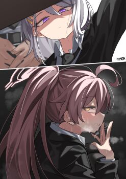 2girls absurdres alternate_costume black_jacket blue_archive closed_mouth cum cum_in_mouth cum_on_body cum_on_hands from_side hair_between_eyes hair_ornament hairclip highres hina_(blue_archive) hoshino_(blue_archive) implied_fellatio jacket long_hair looking_at_another multiple_girls pink_hair ponytail purple_eyes rirua_(kjom802) shirt sidelocks stray_pubic_hair under_table white_shirt yellow_eyes