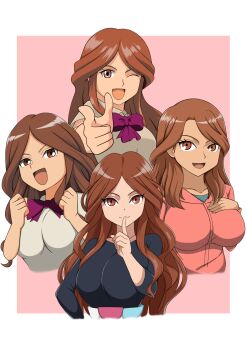 1girl age_difference bow bowtie breasts brown_eyes brown_hair cleavage closed_mouth collarbone dress highres inazuma_eleven inazuma_eleven_(series) large_breasts long_hair looking_at_viewer multiple_persona one_eye_closed open_mouth raimon_natsumi school_uniform solo