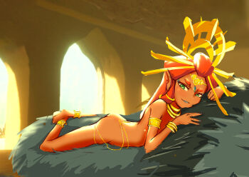 1girl absurdres anklet armlet ass barefoot blue_eyeliner blue_lips blue_nails blush bracelet caohu completely_nude crown dark-skinned_female dark_skin eyeliner female_focus fingernails gerudo green_eyes hair_ornament headress highres indoors jewelry lipstick loli long_hair looking_at_viewer lying makeup nail_polish necklace nintendo nude on_stomach pointy_ears riju short_eyebrows sidelocks smile solo tagme the_legend_of_zelda the_legend_of_zelda:_breath_of_the_wild