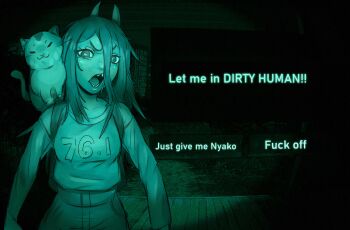 1girl absurdres angry animal animal_on_shoulder cat chainsaw_man clothes_writing crossover dialogue_box dialogue_options english_text gameplay_mechanics green_theme highres horns kirtome long_hair long_sleeves meowy_(chainsaw_man) messy_hair night no_i&#039;m_not_a_human open_mouth parody power_(chainsaw_man) profanity sharp_teeth sketch teeth upper_body