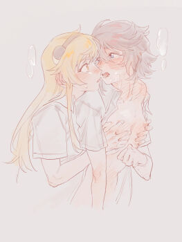 2girls blush breasts chinese_commentary commentary grabbing_another&#039;s_breast grabbing_from_behind grey_shirt groping highres jiguang_haibao koishikawa_iko long_hair momijiyama_teru multiple_girls nipples shirt short_hair short_sleeves shy_(series) small_breasts tearing_up tongue tongue_out yuri