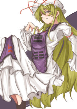 Rule 34 | 1girl, absurdres, black shoes, blonde hair, closed mouth, commentary request, dress, frilled dress, frills, hand in own hair, hat, highres, kuraki, long hair, long sleeves, looking at viewer, mob cap, purple eyes, purple tabard, shoes, simple background, solo, tabard, touhou, very long hair, white background, white dress, white hat, yakumo yukari