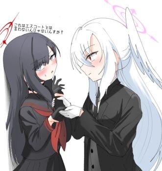 2girls alternate_costume black_gloves black_hair black_serafuku blue_archive formal_clothes gloves halo head_wings holding_hands ichika_(blue_archive) long_hair looking_at_another multiple_girls niwakafune open_mouth purple_halo red_eyes red_halo school_uniform serafuku single_head_wing smile suit suzumi_(blue_archive) sweatdrop white_gloves white_hair wings yuri