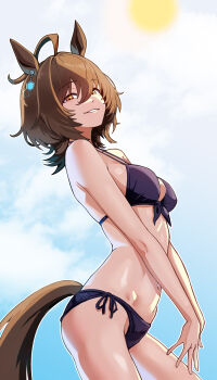 1girl absurdres agnes_tachyon_(umamusume) ahoge animal_ears bare_shoulders bikini blue_sky breasts brown_hair cell_(fu_cell) cloud earrings grin hair_between_eyes highres horse_ears horse_girl horse_tail jewelry looking_at_viewer medium_breasts medium_hair navel open_mouth purple_bikini red_eyes single_earring sky smile solo stomach swimsuit tail umamusume