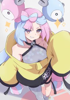 1girl blue_hair bow-shaped_hair breasts character_hair_ornament gen_1_pokemon grey_pantyhose hair_ornament highres iono_(pokemon) jacket long_hair long_sleeves looking_at_viewer magnemite multicolored_hair nintendo oversized_clothes pantyhose pink_hair piyo_to_game pokemon pokemon_sv single_leg_pantyhose sleeveless sleeves_past_fingers sleeves_past_wrists smile teeth two-tone_hair yellow_jacket