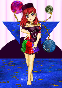 1girl bad_tag bare_shoulders barefoot black_shirt blue_skirt blush breasts chain clothes_writing collar earth_(ornament) gold_chain green_skirt hand_on_own_hip heart hecatia_lapislazuli kams large_breasts looking_at_viewer miniskirt moon_(ornament) multicolored_skirt nose_blush off-shoulder_shirt off_shoulder open_mouth plaid_clothes plaid_skirt red_eyes red_hair red_skirt shirt skirt solo t-shirt touhou underworld_(ornament)