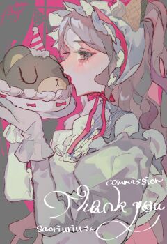 1girl bonnet brown_hair cherry commentary_request commission dress food fruit gloves grey_dress grey_eyes grey_gloves hat high_ponytail highres holding juliet_sleeves long_hair long_sleeves open_mouth original party_hat ponytail puffy_sleeves shinjitsu_no_kuchi skeb_commission solo stuffed_animal stuffed_toy teddy_bear upper_body whipped_cream white_bonnet window