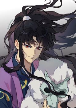 11rukawa187 1boy black_hair blue_eyeshadow closed_mouth commentary_request eyeshadow gradient_background hair_tie highres holding holding_mask inuyasha japanese_clothes light_smile long_hair makeup male_focus mask monkey_mask naraku_(inuyasha) parted_bangs red_eyes sidelocks solo twitter_username upper_body wavy_hair
