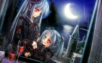 Rule 34 | 2girls, alcohol, black dress, blue sky, castle, closed mouth, commentary request, crescent moon, dress, frilled dress, frills, gothic lolita, green eyes, grey hair, heterochromia, lolita fashion, long hair, long sleeves, looking at another, misaki (kyal 001), moon, multiple girls, neck ribbon, night, open mouth, orange eyes, original, outdoors, pointy ears, red ribbon, ribbon, sky, sleeve ribbon, smile, star (sky), starry sky, tree, twintails, upper body, wine