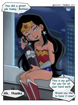 1girl absurdres black_hair blue_eyes bottle bracer breasts building circlet city collarbone dc_comics earrings english_text feet_out_of_frame female_focus gnsisir hair_over_shoulder head_tilt highres holding holding_bottle jewelry kneeboots ledge leotard loli long_hair looking_at_viewer moon night night_sky open_mouth outdoors paid_reward_available red_footwear sitting sky small_breasts smile solo speech_bubble star_(symbol) star_earrings strapless strapless_leotard teeth thighs tongue very_long_hair wine_bottle wonder_woman wonder_woman_(series)