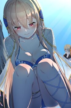 2girls bikini black_bikini blonde_hair blue_bikini blue_sky blush breasts brown_hair chiyo_minase cleavage closed_mouth collarbone commentary_request day from_below hair_between_eyes hair_ornament hair_over_one_eye heaven_burns_red highres kayamori_ruka large_breasts leg_ribbon long_hair looking_down medium_breasts multiple_girls official_alternate_costume outdoors red_eyes ribbon see-through_clothes see-through_sleeves shirakawa_yuina short_hair sidelocks sitting sky solo_focus squatting swimsuit thigh_strap very_long_hair