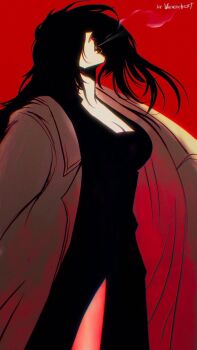 1girl alucard_(hellsing) black_dress black_hair boots breasts choker cleavage_cutout clothing_cutout dress female_focus formal_clothes genderswap genderswap_(mtf) gloves hair_over_eyes hellsing highres jacket jacket_on_shoulders large_breasts long_hair magic pantaloons smile smirk smug solo suit thighhighs threatening vampire very_long_hair white_gloves