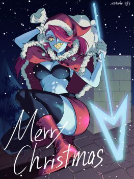 1girl abs amane_(yukiango69) belt black_belt black_bra black_eyes black_thighhighs blue_skin blush boots bra breasts capelet chimney christmas colored_sclera colored_skin colored_teeth commentary_request eyeshadow fish_girl full_body fur-trimmed_capelet fur-trimmed_headwear fur_trim gills gloves glowing glowing_weapon grin hair_over_one_eye hat highres holding holding_polearm holding_sack holding_weapon lace-up_boots large_breasts long_hair looking_at_viewer makeup merry_christmas night on_roof one_eye_covered outdoors pine_tree planted planted_polearm polearm pom_pom_(clothes) red_boots red_capelet red_eyeshadow red_hair red_hat red_shorts roof_shingles sack sack_behind_back santa_costume santa_hat sharp_teeth shorts smile snowing solo spear squatting teeth thighhighs toned toned_female tree twitter_username undertale underwear undyne utdr_(toby_fox) weapon white_gloves winter yellow_sclera yellow_teeth