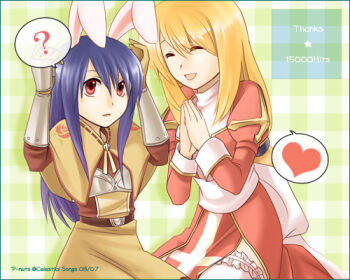 2girls ? animal_ears blonde_hair blue_hair brown_capelet brown_dress capelet celestial_s chest_guard closed_eyes commentary_request cowboy_shot dress fake_animal_ears floral_print green_background heart high_priest_(ragnarok_online) juliet_sleeves long_hair long_sleeves lowres milestone_celebration multiple_girls open_mouth puffy_sleeves rabbit_ears ragnarok_online red_dress red_eyes rose_print sash spoken_heart spoken_question_mark swordsman_(ragnarok_online) thighhighs two-tone_dress white_dress white_sash white_thighhighs