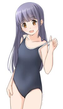 1girl black_one-piece_swimsuit blunt_bangs breasts brown_eyes collarbone competition_school_swimsuit cowboy_shot grey_hair long_hair one-piece_swimsuit original school_swimsuit shibacha simple_background small_breasts solo strap_pull swimsuit white_background