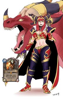 1girl alexstrasza armlet armor black_lips brooch cape card crown dragon dragon_horns full_body fur-trimmed_cape fur_trim gegegekman glowing glowing_eyes greaves hand_up hearthstone highres holding holding_card horn_ornament horns jewelry long_eyebrows midriff multiple_forms navel nostrils open_mouth orange_eyes pants photo_inset red_hair red_scales scales sharp_teeth shoulder_armor signature stomach strapless teeth trading_card vambraces warcraft western_dragon white_background world_of_warcraft