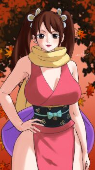 Rule 34 | 1girl, absurdres, breasts, brown eyes, brown hair, cleavage, curvy, highres, japanese clothes, kimono, large breasts, long hair, looking at viewer, nemuifran, one piece, red lips, shinobu (one piece), short kimono, simple background, smile, twintails, wide hips