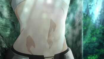 2girls against_tree animated animated_gif armor arms_up belly blush chloe_von_einzbern close-up fate/kaleid_liner_prisma_illya fate_(series) flat_chest midriff miyu_edelfelt multiple_girls navel tied tree yuri