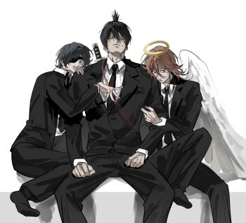 1girl 2boys androgynous angel_devil_(chainsaw_man) angel_wings black_hair black_jacket black_necktie black_pants black_socks black_suit brown_eyes brown_hair chainsaw_man clenched_hands closed_eyes collared_shirt eyepatch feet_out_of_frame formal_clothes hair_between_eyes hand_on_another's_shoulder hayakawa_aki highres himeno_(chainsaw_man) holding_another's_arm jacket katana long_hair multiple_boys necktie pants parted_lips ponytail shirt short_hair short_ponytail sitting socks suit suit_jacket sweat sword sword_on_back tus_oo weapon weapon_on_back white_background white_shirt wings