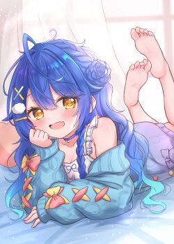 absurdres ahoge amamiya_kokoro amamiya_kokoro_(6th_costume) backlighting bare_shoulders barefoot bell blue_choker blue_hair blue_sleeves blue_sweater blunt_bangs blush bow braid breasts buttons camisole choker cleavage cloud_hair_ornament collarbone commentary_request curtains detached_sleeves fang feet_up flower frills hair_between_eyes hair_flower hair_ornament hairclip heart heart-shaped_pillow highres long_hair lying matcha_november multicolored_bow neck_bell nijisanji on_stomach open_mouth pillow sidelocks skin_fang soles sweater tank_top virtual_youtuber white_camisole window x_hair_ornament yellow_eyes