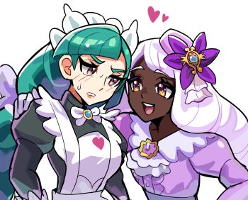 2girls absurdres apron ascot black_romper bow bowtie braid braided_ponytail brown_eyes dark-skinned_female dark_skin dress fascinator frilled_ascot frills gloves green_hair heart highres jacinthe_(pokemon) juliet_sleeves lebanne_(pokemon) long_hair long_sleeves maid maid_apron maid_headdress mega_stone multiple_girls nintendo open_mouth pokemon pokemon_legends:_z-a puffy_sleeves purple_dress purple_eyes purple_hair romper smile spyg sweat teeth upper_teeth_only very_dark_skin white_bow white_bowtie white_gloves