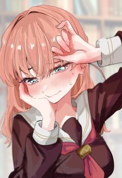 1girl absurdres animal_ears blurry blurry_background blush breasts brown_dress commentary_request dress embarrassed half-closed_eyes hand_on_own_cheek hand_on_own_face hasu_no_sora_school_uniform highres hinoshita_kaho indoors jin_(oihlf) library link!_like!_love_live! long_sleeves love_live! medium_breasts medium_hair neckerchief nervous_sweating orange_hair red_neckerchief sailor_collar sailor_dress school_uniform solo sweat two_side_up upper_body virtual_youtuber white_sailor_collar winter_uniform