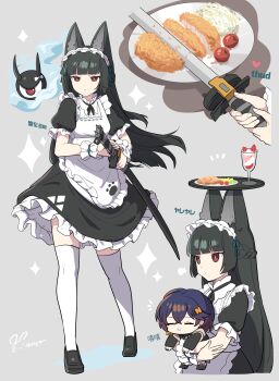 2girls absurdres alternate_costume animal_ears belle_(zenless_zone_zero) black_hair blue_hair blunt_bangs chibi closed_mouth expressionless fox_ears fox_girl full_body grey_background hair_ornament hairclip highres holding holding_sword holding_weapon hoshimi_miyabi katana long_hair looking_at_viewer maid maid_headdress multiple_girls multiple_views ooyun red_eyes short_hair short_sleeves sidelocks sword tailless_(zenless_zone_zero) weapon zenless_zone_zero