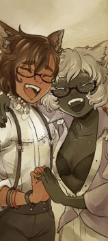 2girls absurdres animal_ears armband bandaid bandaid_on_face bra brown_hair cat_ears closed_eyes dark-skinned_female dark_skin fang final_fantasy final_fantasy_xiv freckles freckles_on_chest glasses hair_ornament highres holding_hands laughing looking_at_viewer multiple_girls naderegen open_mouth suspenders underwear warrior_of_light_(ff14) white_hair