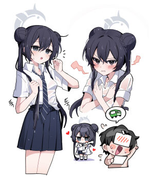 1boy 1girl absurdres bare_arms bare_legs blue_archive blush chaum chibi closed_mouth grey_halo halo highres kisaki_(blue_archive) long_hair looking_at_viewer miniskirt necktie open_mouth original school_uniform short_hair skirt teeth