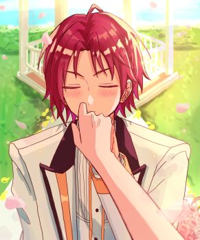 Rule 34 | 1boy, closed eyes, commentary, curtained hair, ensemble stars!, facing viewer, flower, grass, hand grab, hand up, highres, isara mao, kiss, kissing hand, lapels, long sleeves, male focus, motoyarune (ntha 3), ocean, official alternate costume, outdoors, peaked lapels, petals, pink flower, pink petals, pov, red hair, ring (ensemble stars!), short hair, symbol-only commentary, upper body