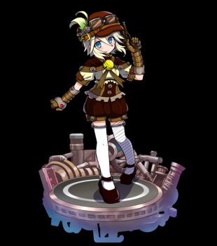 1girl black_background blue_eyes blush brown_hat brown_shoes brown_shorts closed_mouth corset flats full_body goggles goggles_on_headwear gun hair_between_eyes hat highres holding holding_gun holding_weapon janna_(merc_storia) mechanical_arms merc_storia merc_storia_art_team official_art shoes short_hair short_sleeves shorts sidelocks simple_background solo standing tachi-e thighhighs weapon white_hair white_thighhighs