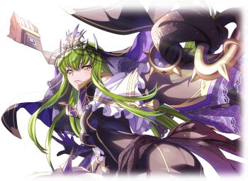 1girl black_dress breasts c.c. code_geass code_geass:_lost_stories dress f4samurai green_hair highres long_hair official_art sidelocks solo tiara yellow_eyes