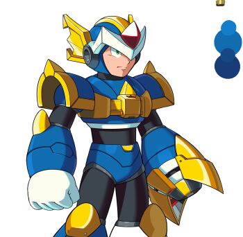 1boy android arm_cannon armor blue_armor blue_helmet chest_jewel clenched_hand color_guide commentary english_commentary fins forehead_jewel gloves head_fins helmet highres hydra_armor_x_(mega_man_x_corrupted) mega_man_(series) mega_man_x_(series) mega_man_x_corrupted official_style robot robot_ears sensei_haruki_suetsugu_(style) shoulder_armor simple_background solo upper_body watashi_wa_dink weapon white_background white_gloves x_(mega_man)