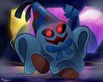 +++ black_sclera blue_hat colored_sclera commentary doopliss full_body ghost glowing glowing_eyes hat highres mario_(series) nintendo no_humans open_mouth paper_mario paper_mario:_the_thousand-year_door print_hat red_eyes sheet_ghost signature smile solo standing standing_on_one_leg star_(symbol) star_print vivavizor