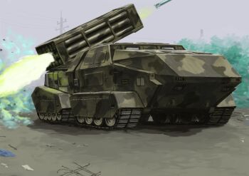 camouflage caterpillar_tracks firing front_mission highres mecha military military_vehicle missile_pod multiple_launch_rocket_system no_humans outdoors robot rocket tyokugekidato vehicle_focus woodland_camouflage