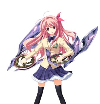 1girl antenna_hair black_thighhighs blazer bow bowtie breasts brown_jacket chaos;head collared_shirt d-sword disappointed dress_shirt dual_wielding game_cg head_tilt holding holding_sword holding_weapon jacket looking_at_viewer matsuo_yukihiro miniskirt non-web_source official_art one_side_up open_mouth petticoat pink_eyes pink_hair plaid_bow plaid_bowtie plaid_clothes plaid_skirt purple_bow purple_bowtie sakihata_rimi school_uniform science_adventure shirt skirt small_breasts solo sprite suimei_academy_school_uniform sword thighhighs transparent_background weapon white_shirt zettai_ryouiki