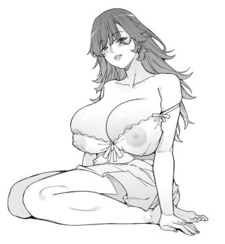 1girl azukiko bare_shoulders barefoot blush breasts character_request copyright_request dress full_body greyscale hand_on_floor huge_breasts long_hair monochrome nipples parted_lips see-through_clothes see-through_dress simple_background sitting solo strap_slip toes wariza white_background