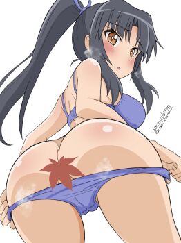 1girl absurdres ass bikini black_hair blue_bikini blush breasts brown_eyes butt_crack cameltoe hattori_shizuka highres large_breasts long_hair looking_at_viewer open_mouth ponytail simple_background solo strike_witches swimsuit unkai_daraku white_background world_witches_series