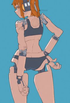 1girl a.i._voice adachi_rei android ass black_bra black_panties blue_background blush bra butt_crack commentary hand_on_own_hip highres humanoid_robot joints kanbaru_mitsuki looking_at_viewer looking_back mechanical_arms mechanical_hands mechanical_legs orange_eyes orange_hair panties robot robot_girl robot_joints simple_background solo twitter_username underwear underwear_only untranslatable_commentary