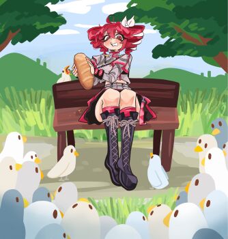 1girl ahoge bird black_boots boots bread clenched_teeth commentary day drill_hair english_commentary food grass grey_jacket hair_ribbon highres holding holding_food jacket kasane_teto kasane_teto_(sv) kecchi0 knee_boots lace-up_boots midriff_peek on_bench outdoors red_eyes red_hair ribbon sitting skirt synthesizer_v teeth too_many too_many_birds tree twin_drills utau white_ribbon
