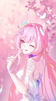 1girl ;p akm_douitai bare_shoulders breasts commentary_request cyrene_(demiurge)_(honkai:_star_rail) cyrene_(honkai:_star_rail) dress from_side highres honkai:_star_rail honkai_(series) large_breasts long_hair looking_at_viewer multicolored_hair one_eye_closed pink_hair pink_theme purple_eyes solo tongue tongue_out two-tone_hair very_long_hair white_dress white_hair