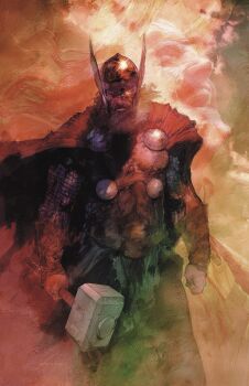 1boy abstract_background armor artist_name avengers_(series) beard blonde_hair cape cloud cloudy_sky commentary english_commentary facial_hair glowing glowing_eyes grey_armor hammer highres holding holding_hammer male_focus marvel mjolnir_(marvel) multicolored_armor painting_(medium) red_cape shaded_face short_hair signature sky superhero_costume thor_(marvel) thor_(marvel)_(series) torn_cape torn_clothes traditional_media viktor_farro weapon western_comics_(style)