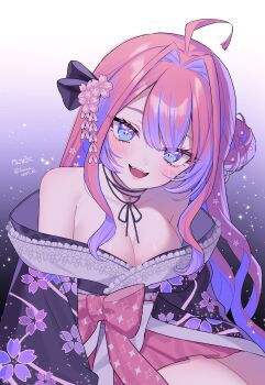 1girl absurdres ahoge artist_name black_kimono blue_eyes breasts cleavage commentary_request floral_print floral_print_kimono flower gradient_background hair_bun hair_flower hair_ornament highres hololive hololive_dev_is japanese_clothes kanna_roku kikirara_vivi kikirara_vivi_(new_year) kimono long_hair off_shoulder pink_hair print_kimono purple_hair single_hair_bun twitter_username virtual_youtuber
