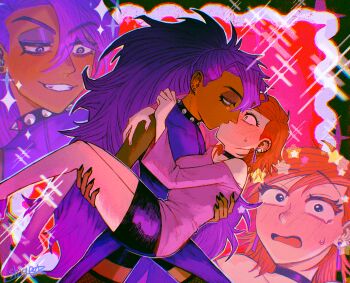 2girls artist_name bike_shorts black_eyes black_nails blush breasts carrying cartoon_network choker commentary_request commission commissioner_upload crossover dark-skinned_female dark_persona dark_skin ear_piercing earrings enid_(ok_k.o.!) eyeliner eyeshadow fishnet_thighhighs fishnets foster's_home_for_imaginary_friends frankie_foster grin highres jewelry kabochashige kiss long_hair makeup medium_breasts medium_hair multiple_girls ok_k.o.!_let's_be_heroes piercing pixiv_commission princess_carry purple_eyeshadow purple_hair red_hair signature skirt smile spiked_choker spikes surprise_kiss surprised sweat tank_top tearing_up thighhighs very_long_hair yuri