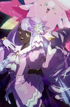 1girl ascot blush blush_stickers breasts clefable colored_skin dark-skinned_female dark_skin dress e169 fascinator frilled_ascot frills gen_1_pokemon glove_bow gloves glowing gold_ring gradient_wings green_eyes hair_ornament highres jacinthe_(pokemon) juliet_sleeves long_hair long_sleeves looking_at_viewer low_drills mega_clefable mega_pokemon mega_stone multicolored_wings nintendo open_mouth pink_skin pokemon pokemon_(creature) pokemon_legends:_z-a puffy_sleeves purple_dress purple_eyes purple_hair smile teeth upper_teeth_only very_dark_skin white_gloves wings